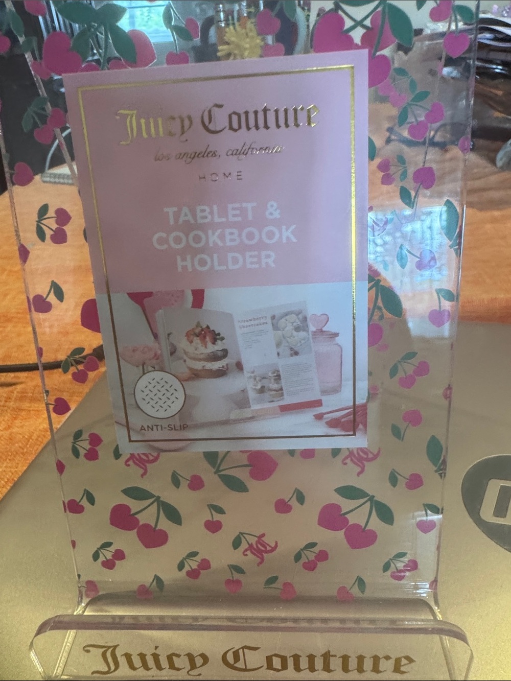 Juicy Couture Clear Acrylic Tablet & Cookbook Stand with Pink Cherry Design